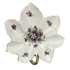 Vintage LEFTON Violet Hand Painted Leaf Gold Trim Candy Dish Trinket Plate 6.75"